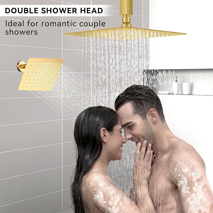 Brushed Gold Shower System, STARBATH 12+6" Rain Shower Head and Handle Set Ceiling Mount, Rainfall Shower Faucet Set Complete with 3 Way Shower Valve with 5 Diverter and Trim Kit