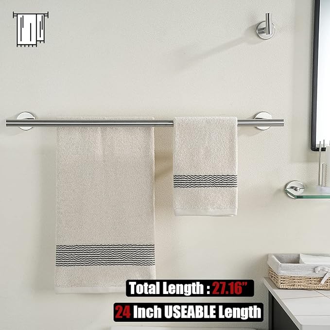 JQK Bath Hardware Towel Bar Accessory Set, 5-Piece Bathroom Accessories Fixtures Set Brushed Finished Wall Mount Includes 24" Towel Bar, 9" Hand Towel Bar, Toilet Paper Holder, Robe Hook x2, BAS105-BN