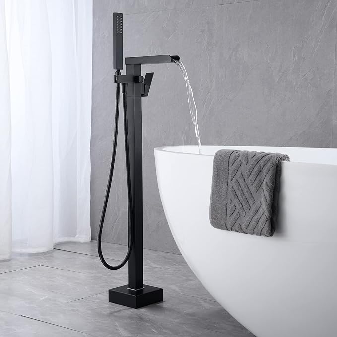 Waterfall Tub Filler Freestanding Bathtub Faucet Black Floor Mount Brass Single Handle Bathroom Faucets with Hand Shower
