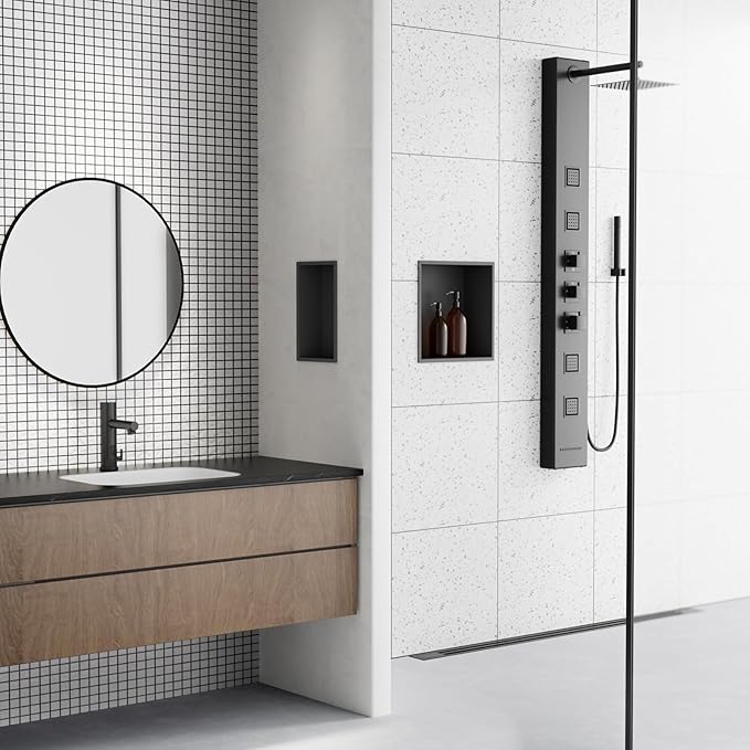 Achelous Stainless Steel Insert Shower Niche 12" X 12", No Tile Needed, Recessed Shower Shelf Organizer, Matte Black