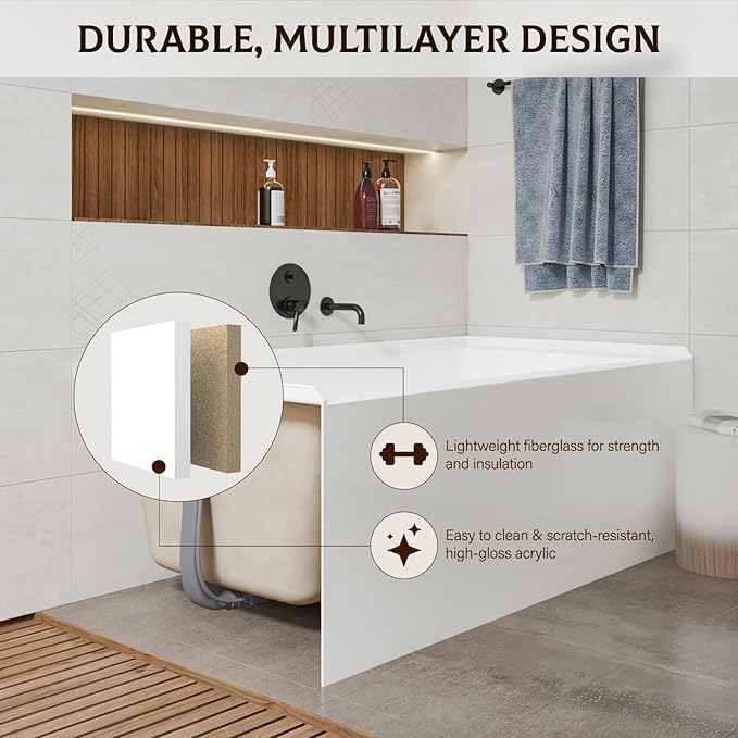 60x30 Inch Acrylic Drop-in Bathtub, Rectangular Soaking Tub with Integral Apron,Built-in Bathtub, Matte Drain and Overflow, Ergonomic Design, Easy Installation for Bathroom, Left Overflow and Drain