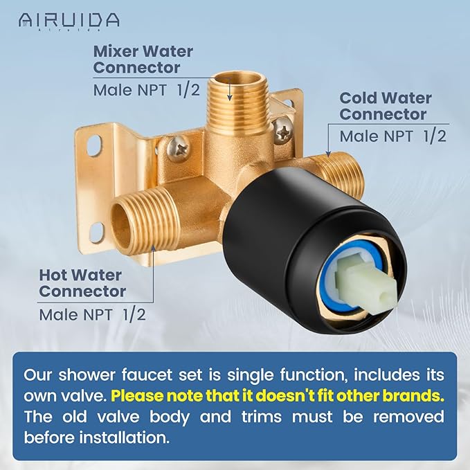 Airuida Shower Faucet Set Bathroom Rain Shower System SUS304 Stainless Steel Single Handle With Male Threads Rough-in Valve Shower Trim Kit 12 Inch Wall Mount Shower Head Matte Black