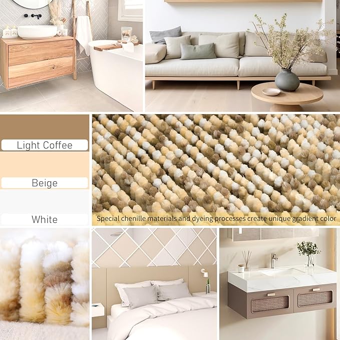 Yimobra Bath Mats for Bathroom Non Slip, 36x24, Extra Soft Chenille Bathroom Rugs, Luxury Fluffy Long Matts for Tub, Plush Shaggy Carpet, Water Absorb, Machine Washable, Beige & Light Coffee