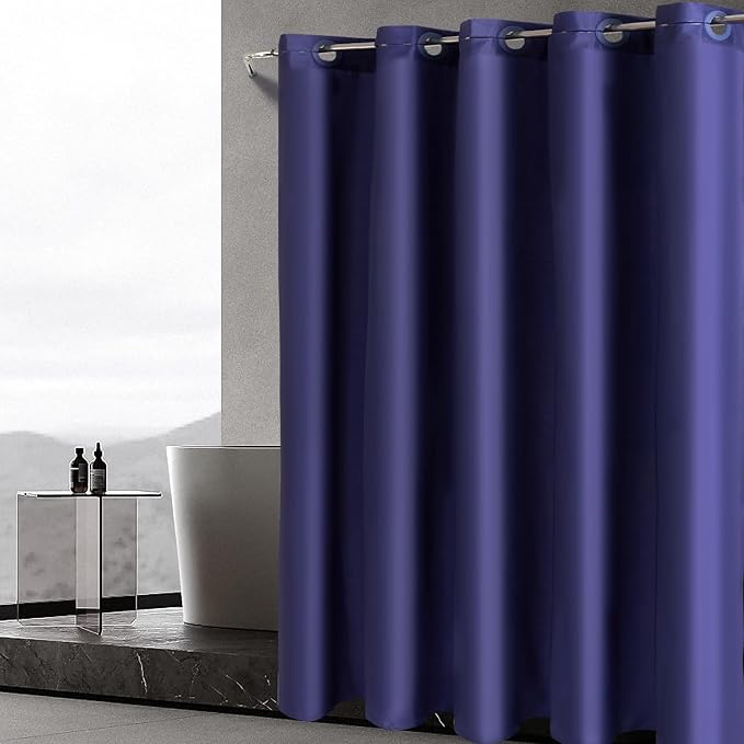 Furlinic Stall Size Shower Curtain No Hooks Needed,Half Size Polyester Fabric Bathroom Curtains with 6 Split Grommets,Hotel Quality,Waterproof & Machine Washable,Navy Blue,48x78 Inch.