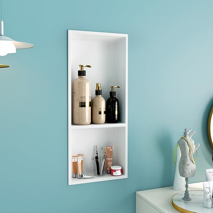 Shower Niche No Tile Needed, 12.2"x28.7"x3.8", Vertical Double Recessed Wall Niche, Bathroom Wall Niche Inserts, SMC Shower Shelf (White)