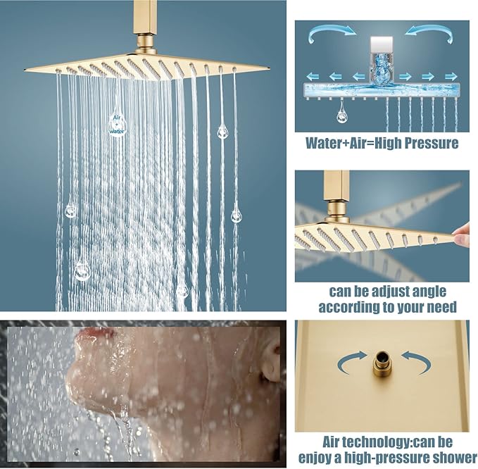 Aolemi Ceiling Mount Shower System Rain Shower Head with Handheld Spray High Pressure Shower Faucet Set Rough-in Valve Shower Trim Kit Included Bathroom Brushed Gold 10 Inch Ceiling Shower Head