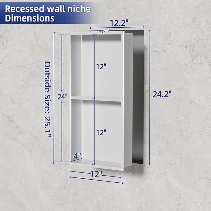 No Tile Needed Shower Niche - 304 Stainless Steel Recessed Bathroom Shelf, 2-Tier Waterproof Organizer (White, 24 Inches X 12 Inches, 2)