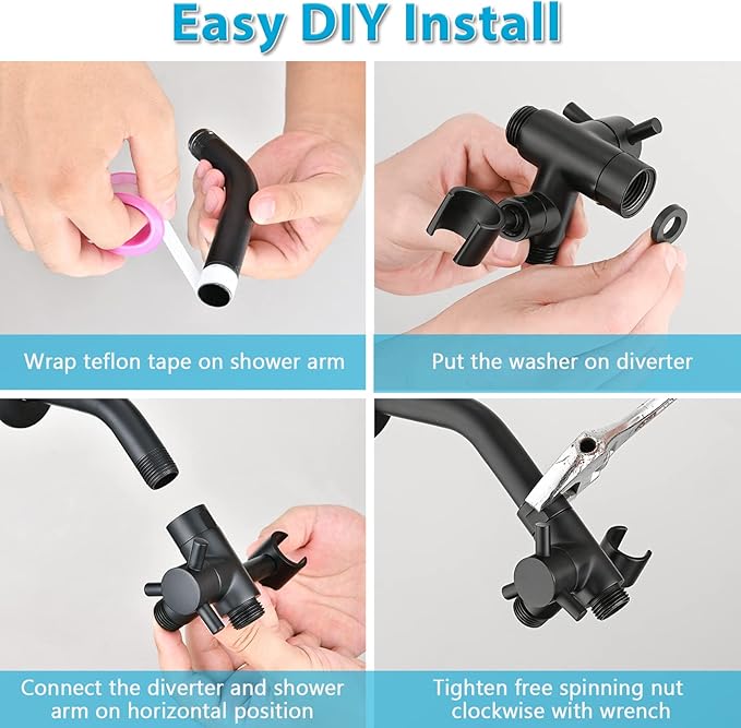PDPBath Solid Brass 3 Way Shower Arm Diverter Valve with Handheld Holder for Dual Shower Heads with G1/2 Universal Connection - Matte Black