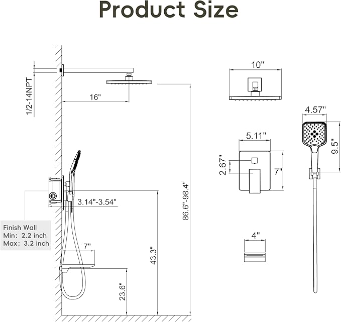 Gabrylly Shower System with Tub Spout, Wall Mounted Tub Shower Faucet Set for Bathroom with High Pressure 10" Rain Shower head and 3-Setting Handheld Shower Head Set, Brushed Nickel