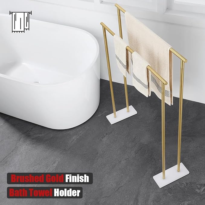 JQK Bath Towel Bar Free Standing Gold, 30 Inch Stand Double Towel Rack Holder Shelf for Bathroom Floor, Brushed Gold, BTH120L30-WG
