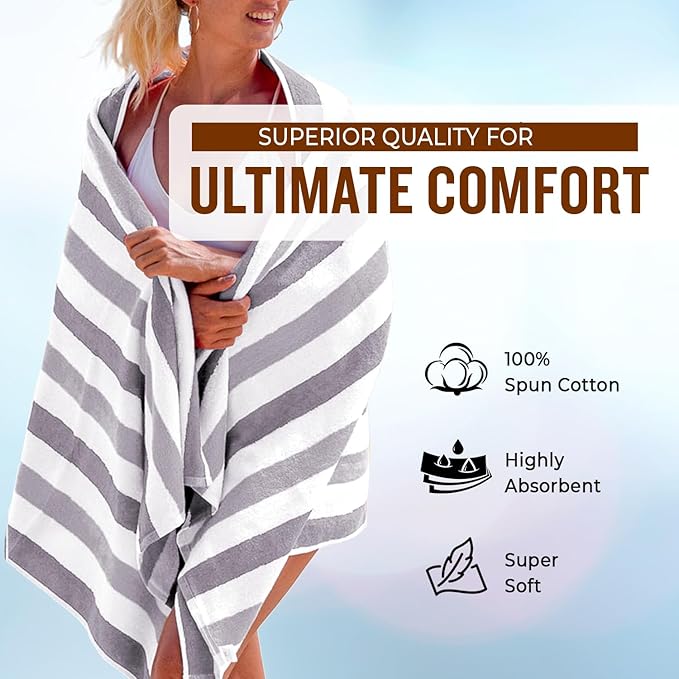 Personalized Passion Beach Towels for Adults - Custom Pool Towels with Name - Highly Absorbent Cotton - Striped Design for Women & Men - Large 70x30 Bath Sheet for Hotel, Swim & Camping - Grey
