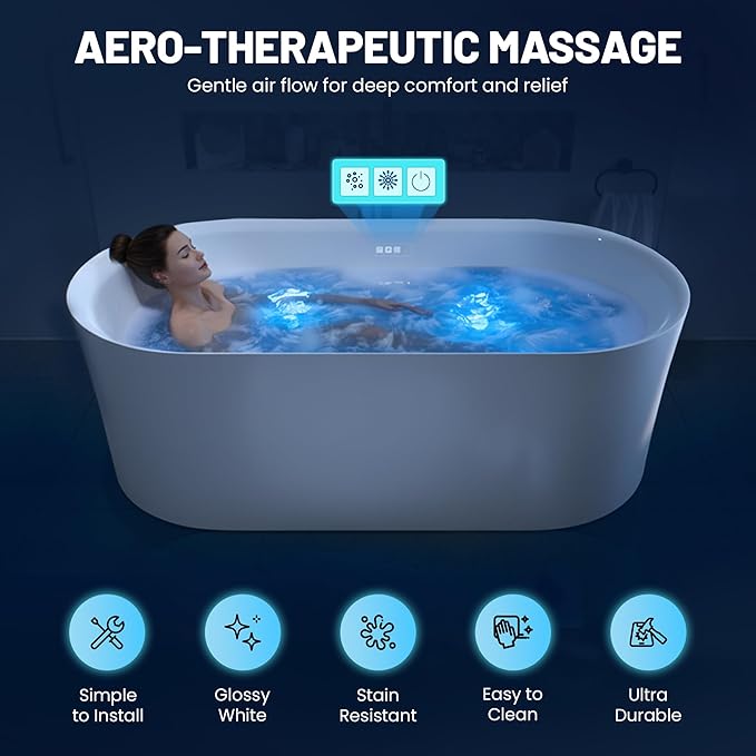 ANZZI 67" Freestanding Air Jetted Whirlpool Bathtub - White Acrylic Soaking Tub with LED Lights & Touch Controls | FT-AZ067