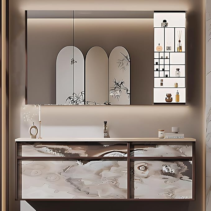 44IN Modern Bathroom Vanity with Sink - Bathroom Vanity with Drawer Organizer, LED Mirror Lights & Defogging Function | Wall - Mounted Vanity with Silver Sink Faucet