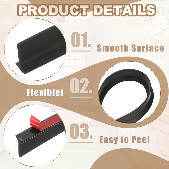 PATIKIL 118 Inch Collapsible Shower Threshold Water Dam Guard, Shower Stopper Barrier Self Adhesive Sink Splash Guards for Frameless Shower Door Bottom, Black (1.2"Wx0.6"T)