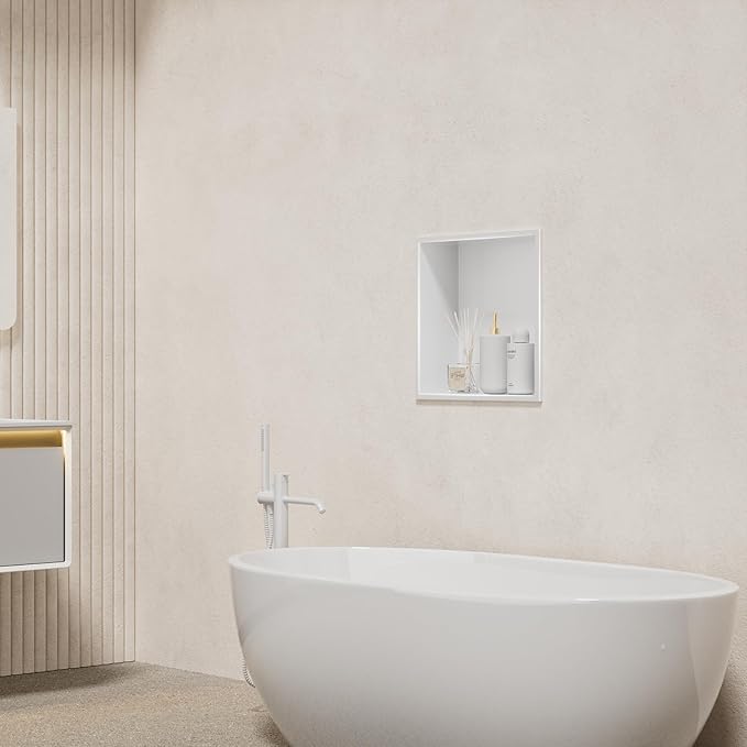 No Tile Needed Shower Niche - 12"x12" White 304 Stainless Steel Recessed Shelf,Over Mount Installation for Bathroom & Shower Wall,Waterproof