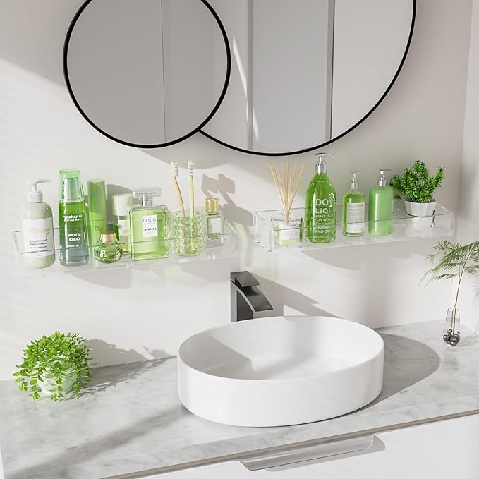 4PCS Acrylic Floating Shelves for Wall, 15" Clear Acrylic Shelves, Bathroom Shelf with Two Types of Installation, Space Saving Hanging Wall Shelf for Bathroom, Living Room, Bedroom, Kitchen