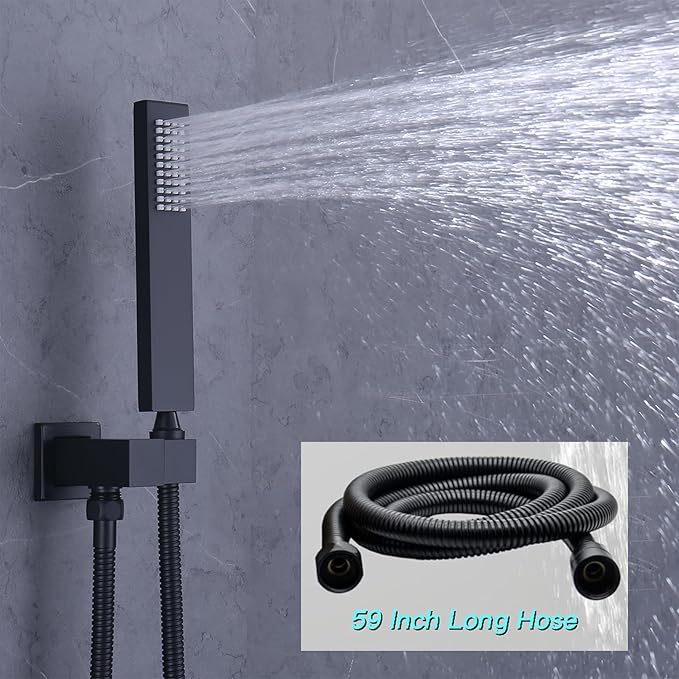 Thermostatic Shower System Matte Black Shower Faucet Set with Tub Spout, 6 PCS Body Jet and Handheld Spray, 12 inch Ceiling Mount Shower Head