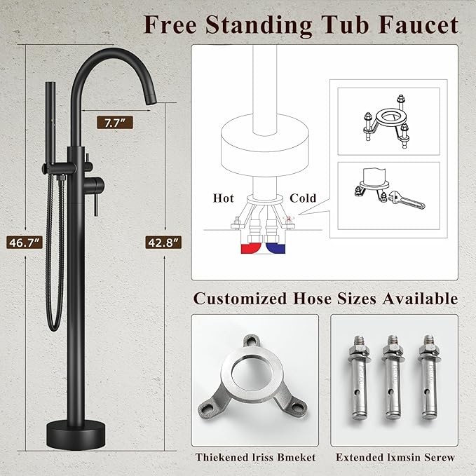 Freestanding Bathtub Faucet Matte Black Tub Filler Floor Mount Free Standing Metal Bathroom Tub Gooseneck Spout With 2 Function Hand Shower