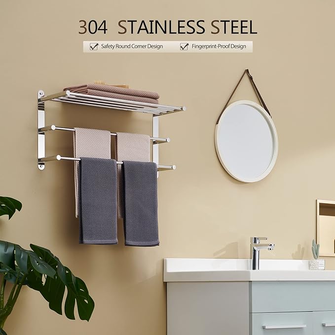 KOKOSIRI Storage Organizer Shelf Wall Mounted Double Towel bar with Shelf Bathroom Towel Rack Double Towel Rack, Polished Chrome, B5003CH