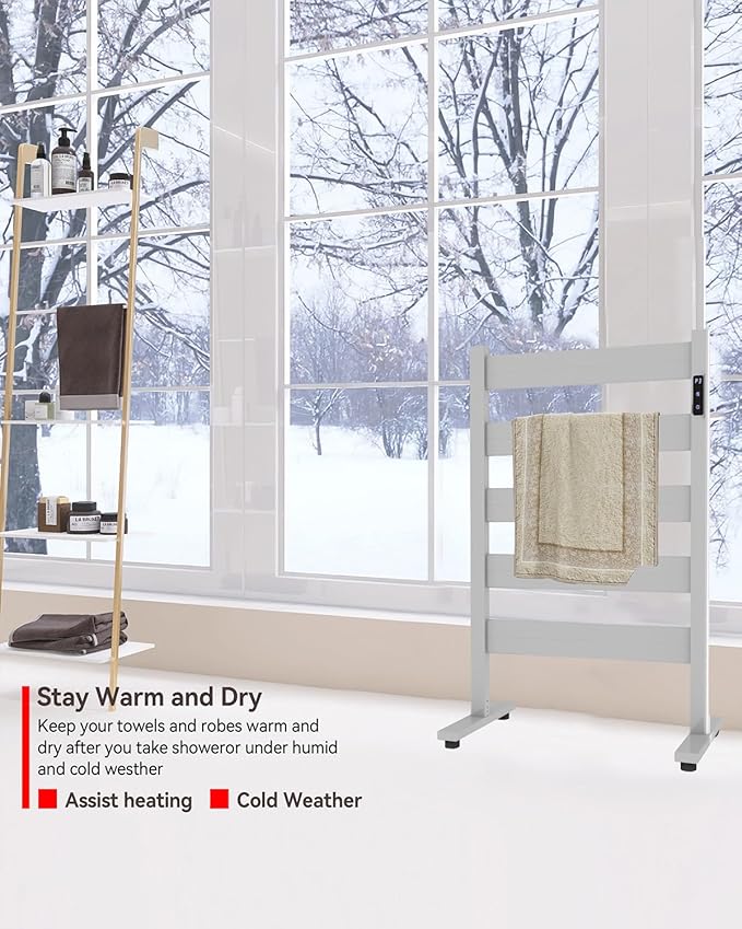 Towel Warmers for Bathroom, Space Aluminum Heated Towel Racks for Bathroom, with Built-in Timer&Temperature Adjustment, Freestanding Towel Heater,White,5 Bars