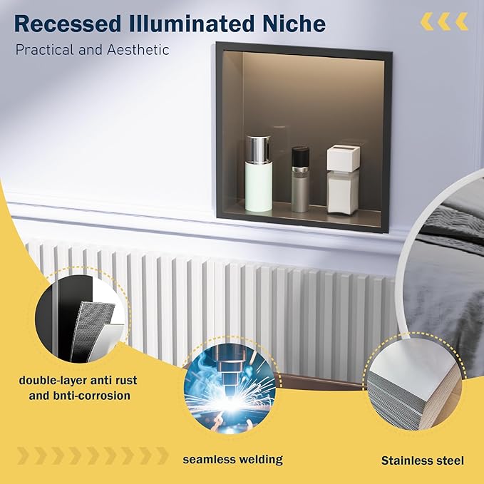 Stainless Steel Lighted Niche for Shower Storage,Bathroom Niches with LED Waterproof Light Strip，Shower Niche Insert Tile Ready ，Matte Black （ 12 x 12 in）