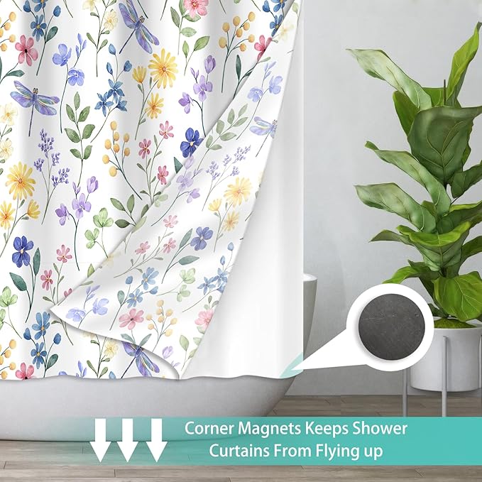 No Hook Shower Curtain Set with Snap in Fabric Liner for Bathroom,with See Through Top Window,Double Shower Curtain with Detachable Liner Replacement,Machine Washable,Flowers,71"x 74"