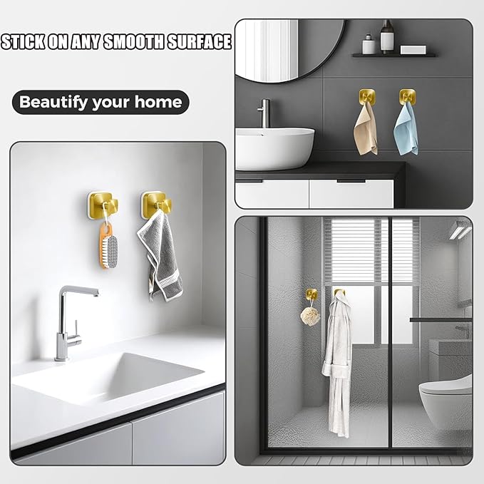 4Pcs Square Suction Cup Hook, 304 Stainless Steel Shower Hook, Removable Suction Cup Knob for Shower, Bathroom, Kitchen, Glass Door, Mirror (Gold)