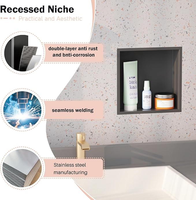 12x12 Matte Black Shower Niche - Stainless Steel Tile-Ready Bathroom Storage for Small Showers
