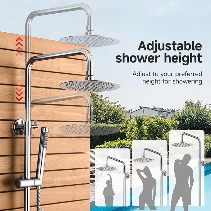 Rainsworth Outdoor Shower Kit Chrom - Single Handle Brass Valve, 8 Inch Rain Shower Head and Handheld Spray Shower Fixture Combo, 304 Stainless Steel Wall Mount