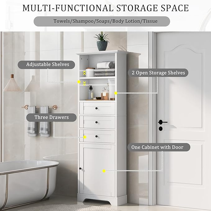 Harper & Bright Designs Storage Cabinet, 67.3 Inch Freestanding Tall Floor Bathroom Storage Cabinet with 3 Drawers, One Drawer, and Adjustable Shelves for Bathroom, Office, and Living Room (White)