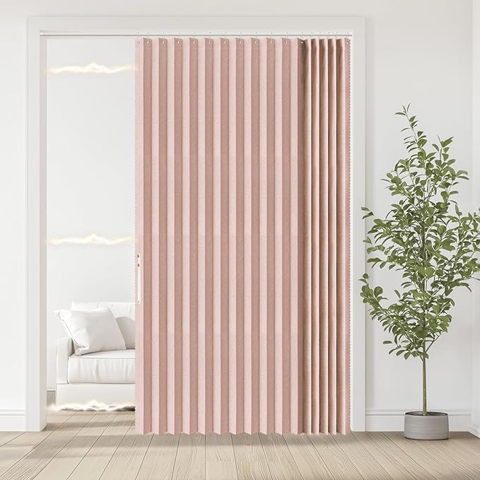 Accordian Door Curtain, 100% Blackout Folding Magnetic Doorway Curtains,Linen Style Closet Doors,for Room Divider,Privacy Protection（W72 x L78,Pink,1 Panel）