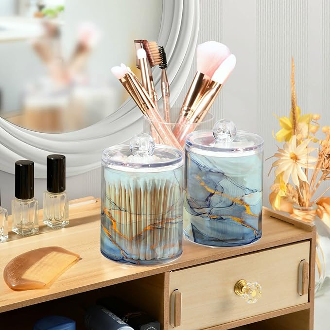MNSRUU 2 Pack Qtip Holder Organizer Dispenser Teal Blue Marble Bathroom Storage Canister Cotton Ball Holder Bathroom Containers for Cotton Swabs/Pads/Floss