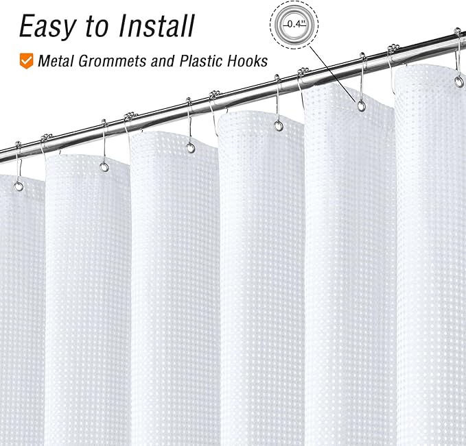 Gibelle Long Shower Curtain 72 x 78, Tall Waffle Weave Textured Fabric Shower Curtain for Bathroom, Water Repellent, Machine Washable, White