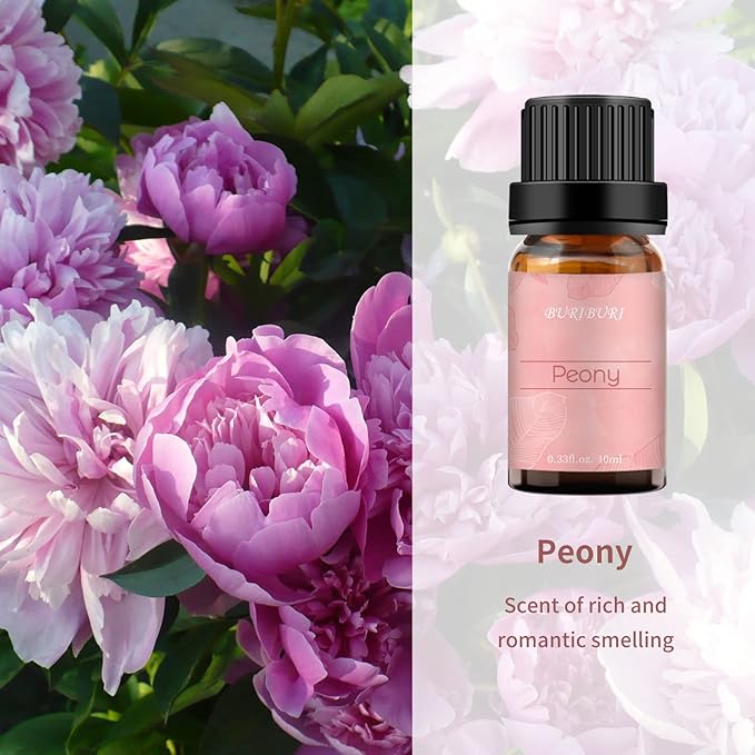 BURIBURI Rose Oil and Peony Essential Oil Set 2 Pack, 100% Pure Diffuser Rose Essential Oil 10ml for Massage, Soap Making