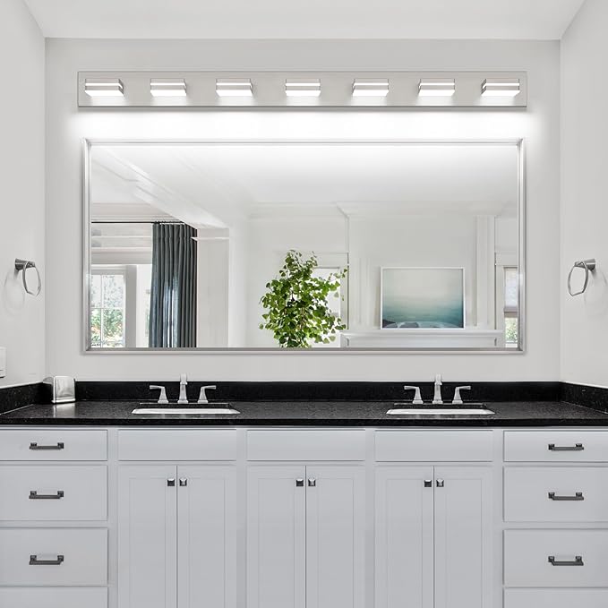 SineRise LED Modern Bathroom Vanity Light Fixtures (7-Light, 55-Inch), Brushed Nickel Modern Acrylic Bathroom Wall Lighting Fixtures Over Mirror (Cool White 6000K)