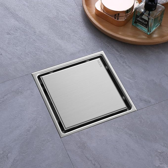 Hidden Brushed Square Shower Floor Drain, Silver 6 inch, 304 Stainless Steel, with Flange, Detachable Cover Embedded with Ceramic Tiles