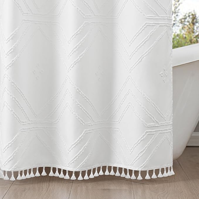 ROSERY No Hook Shower Curtain with Snap in Fabric Liner Set, Boho Farmhouse Jacquard Tufted Geometric Striped Shower Curtain for Bathroom with Tassel, Geometric Pattern, 71" W x 74" L