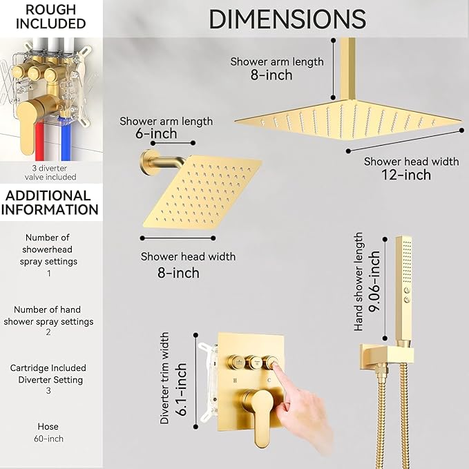 Brushed Gold Shower System, STARBATH 12+8" Rainfall Shower System with Square Shower Head and Handle Set Ceiling Mount, Can Use All at Once Push Button Diverter Pressure Balancing Valve with Trim Kit
