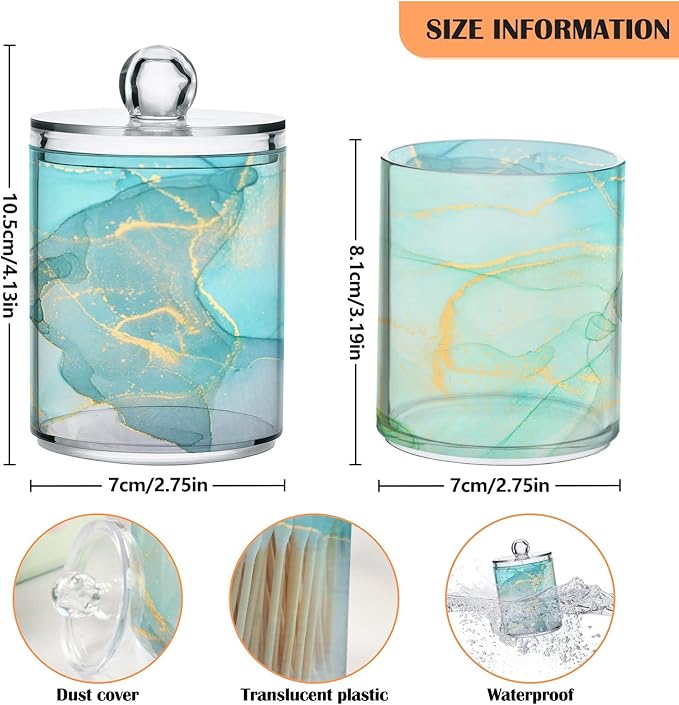 MNSRUU 4 Pack Qtip Holder Organizer Dispenser Modern Art Marble Teal Bathroom Containers Bathroom Vanity Storage Canister Apothecary Jars for Cotton Swabs/Pads/Floss