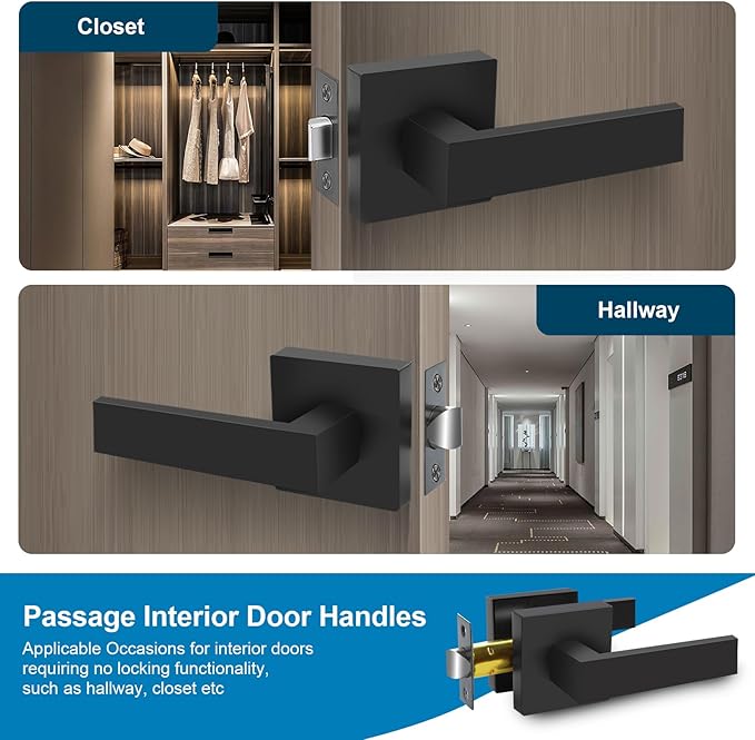 Passage Door Lever, 10 Pack Matte Black Interior Door Handles for Hallway and Closet, Heavy Duty Square Interior Keyless Door Handles Non-Locking Door Knobs for Right & Left Side Door