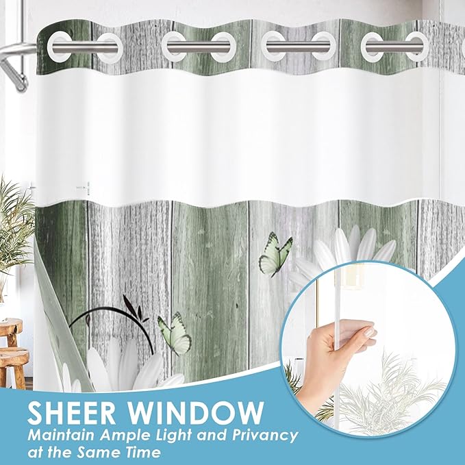 No Hook Green Daisy and Butterfly Shower Curtain with Snap in Fabric Liner Set, Rustic Farmhouse Double Layers Waterproof Fabric with See Through Top Window Open Grommet Bath Curtain 71x86 Inch