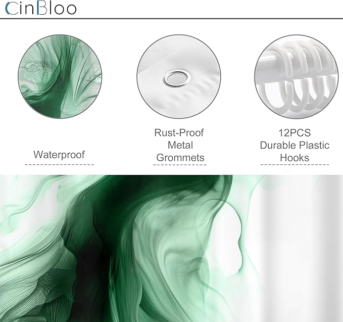 Cinbloo Green Shower Curtain 60Wx72H Abstract Marble Ombre Modern Ink Texture Minimalist Dark Smoke Shapes Bathroom Curtain Set Chic Simple Aesthetic Men Neutral Bath Bathroom Accessories Decor