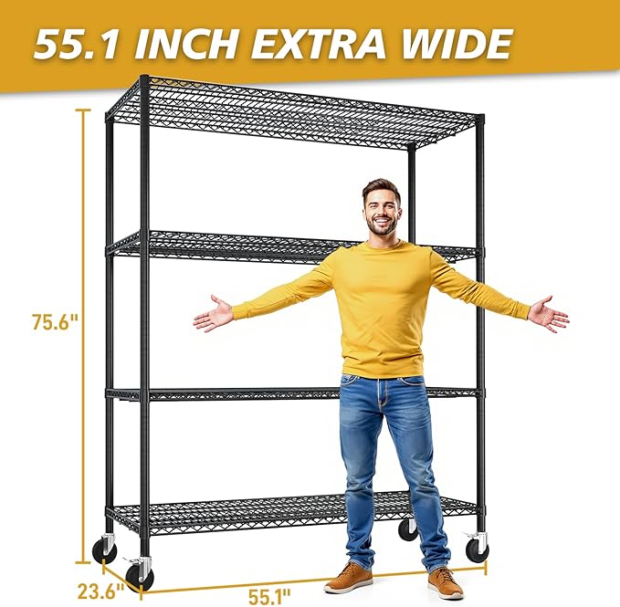 4 Tier Storage Racks Shelving, Heavy Steel Pantry Shelves, Adjustable Wire Shelving Rack with Wheels, Suitable for Garage, Kitchens, Bathroom, Offices, 55" W x 23.6" D x 75.6" H, Black
