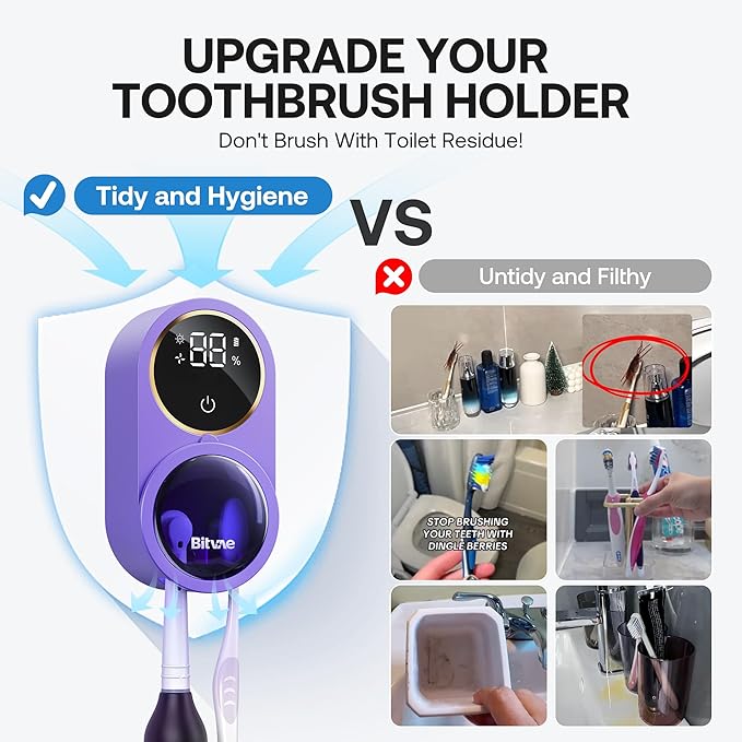 Bitvae Upgraded Tooth Brush Holder for Bathroom 2.0, Infrared Sensing Toothbrush Cleaner, Wall-Mounted for Most Size Toothbrushes, Air Drying, LED Smart Screen, Purple