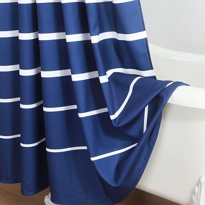 Blue Shower Curtain, Modern Navy Blue and White Stripe Waterproof Polyester Shower Curtains for Bathroom, 72x72 Inches