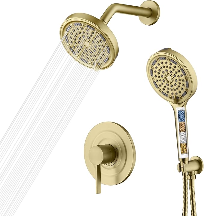 SUMERAIN Brushed Gold Shower System with Filtered Handheld Shower Head, Wall Mounted Shower Faucet Complete Combo with Shower Valve