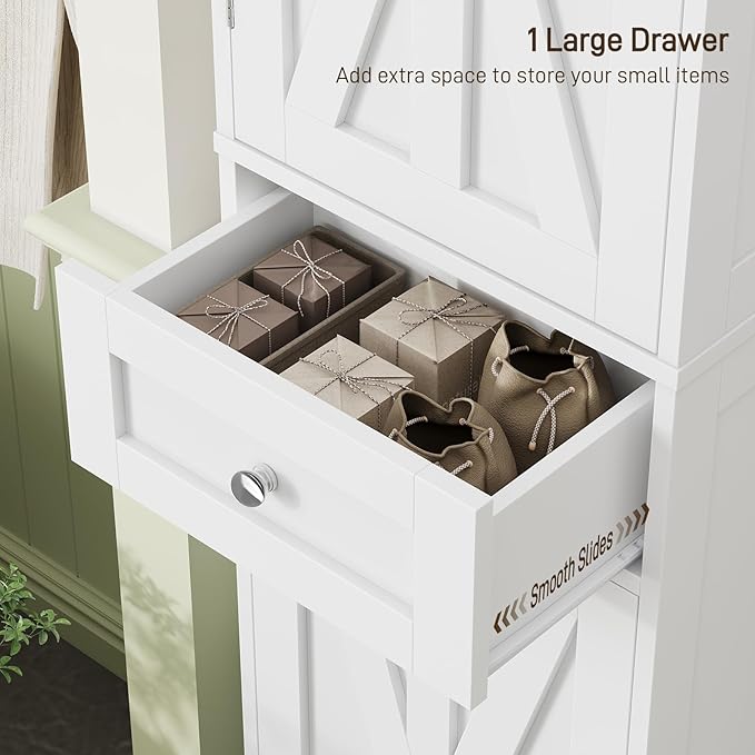 67" H Tall Bathroom Cabinet, Narrow Storage Cabinet with 2 Barn Doors and 1 Drawer, Freestanding Floor Cabinets with 6 Shelves for Bathroom, Living Room, Kitchen, White
