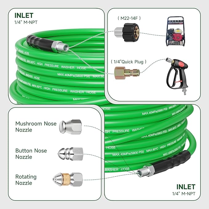 Sewer Jetter Kit for Pressure Washer 200FT – 5800PSI High-Pressure Drain Cleaner, M22 & 1/4'' NPT Universal Fit, Unclog Gutters & Sewer Lines, Durable Jetter Hose for Homeowners & DIYers (200FT)