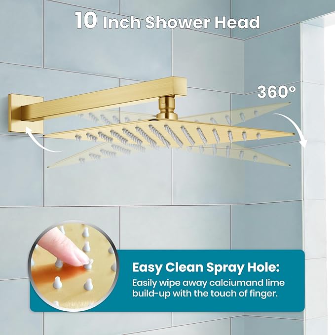 gotonovo Shower System with Tub Spout Wall Mounted Rain Shower Head and Handle Combo Shower Faucet Set with Valve, 10 Inch, Brushed Gold