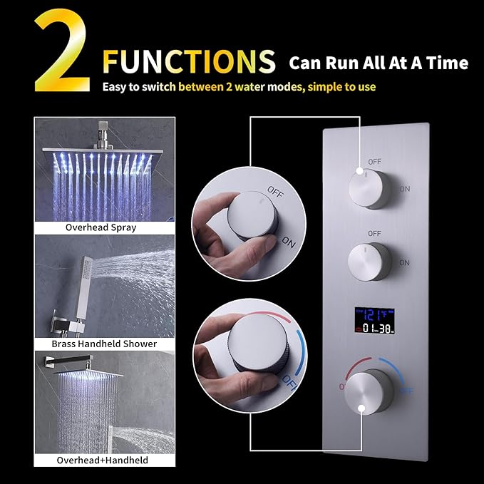AYIVG Shower Diverter Valve Wall Mount 2 Function Solid Brass Pressure Balance Diverter Valve Rough-in Shower Mixer Valve Digital Display Shower Valve Diverter Can Run Simultaneously Brushed Nickel
